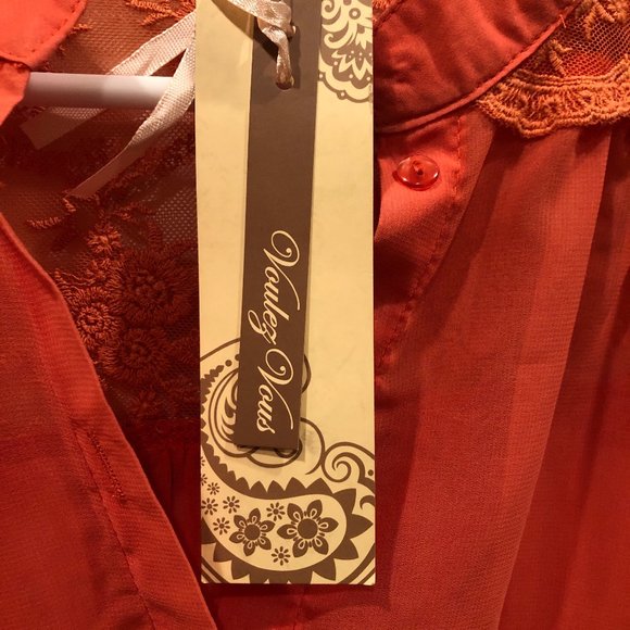 NWT Orange Sheer Tie Button-up - Picture 6 of 7